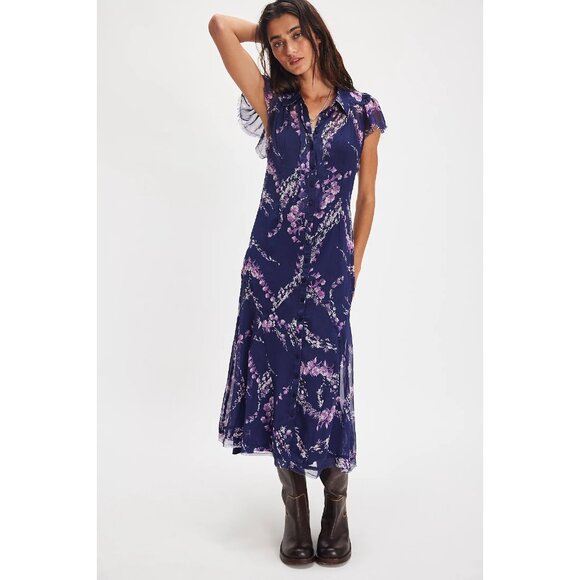 NWT Free People Cannaday Maxi Dress Womens M Navy Combo Boho Semi Sheer Floral - Picture 2 of 11